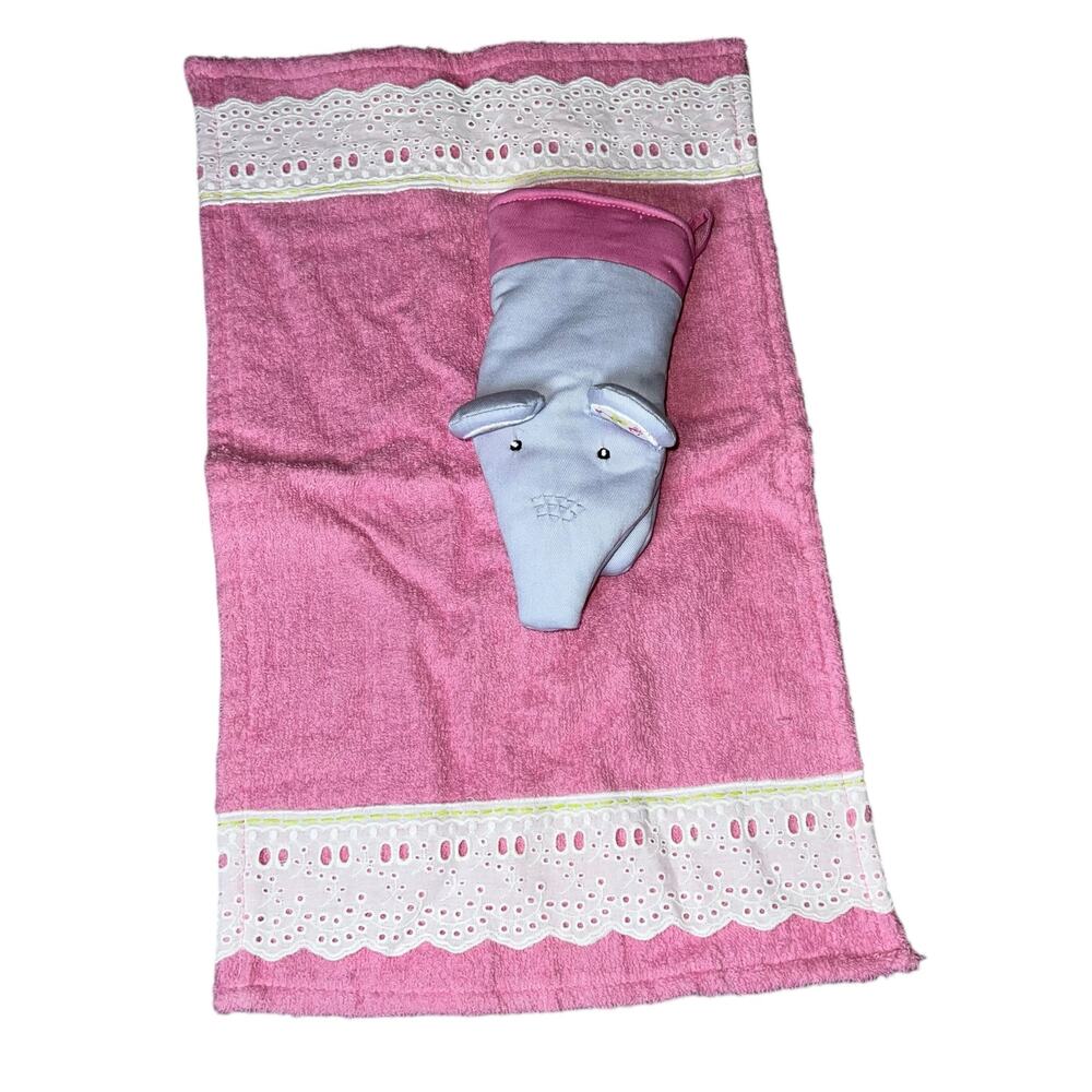 Pottery Barn Kids Pink Elephant Kitchen set dish towel and elephant oven mitt